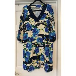 ISAAC MIZRAHI LIVE! Women’s size XLP Linen Blend Dress Floral Crochet Navy Blue
